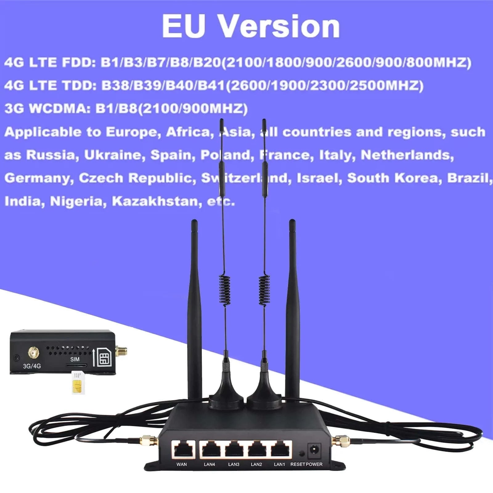 4G LTE Router 300Mbps 2.4GHz WiFi with 4 Detachable Antennas and Ethernet Ports-CAT4 4G Router / EU Plug