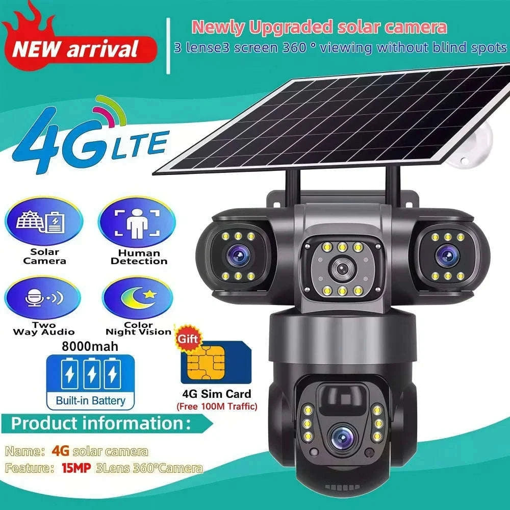 4G LTE Solar Security Camera 15MP Triple Lens PTZ Night Vision-4G CCTV No Card / Poland