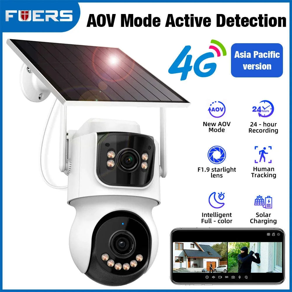 4G Solar Outdoor Dual-Lens Security Camera 4MP Auto Tracking-4G LTE Camera  64G