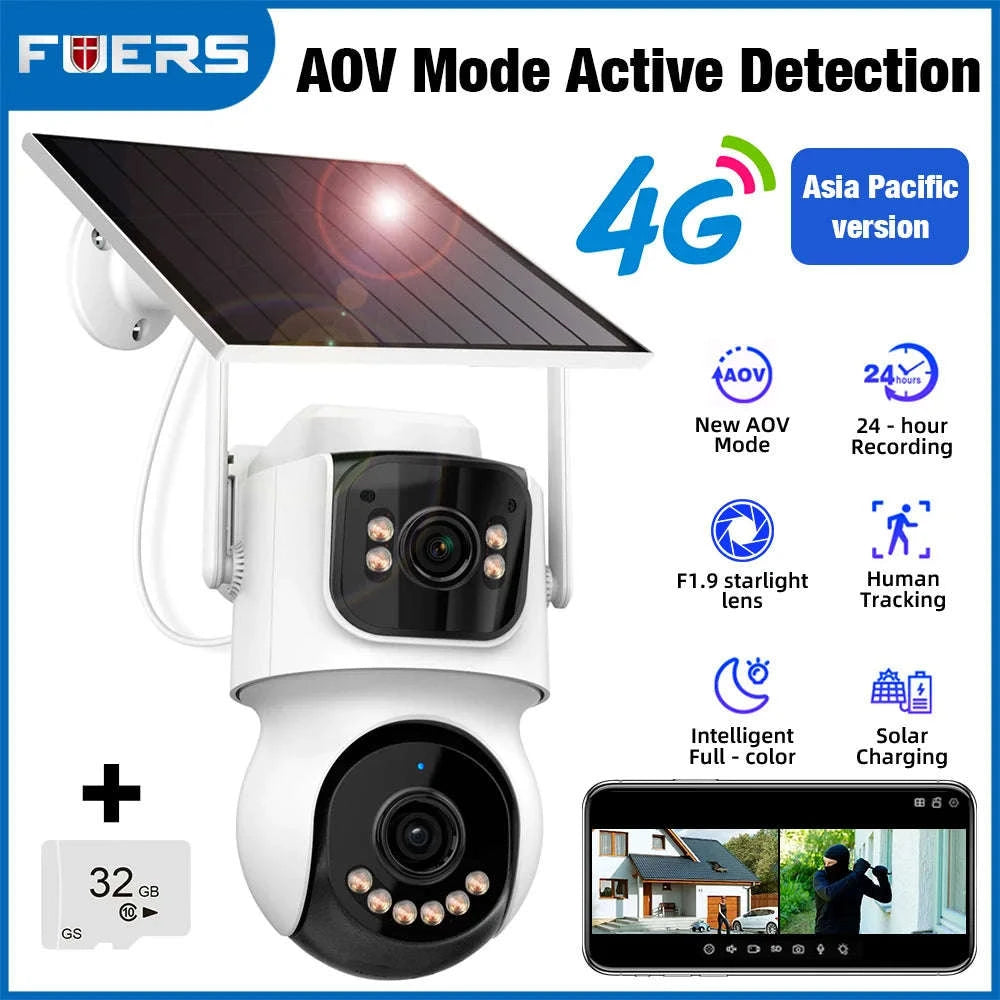 4G Solar Outdoor Dual-Lens Security Camera 4MP Auto Tracking-4G LTE Camera  64G