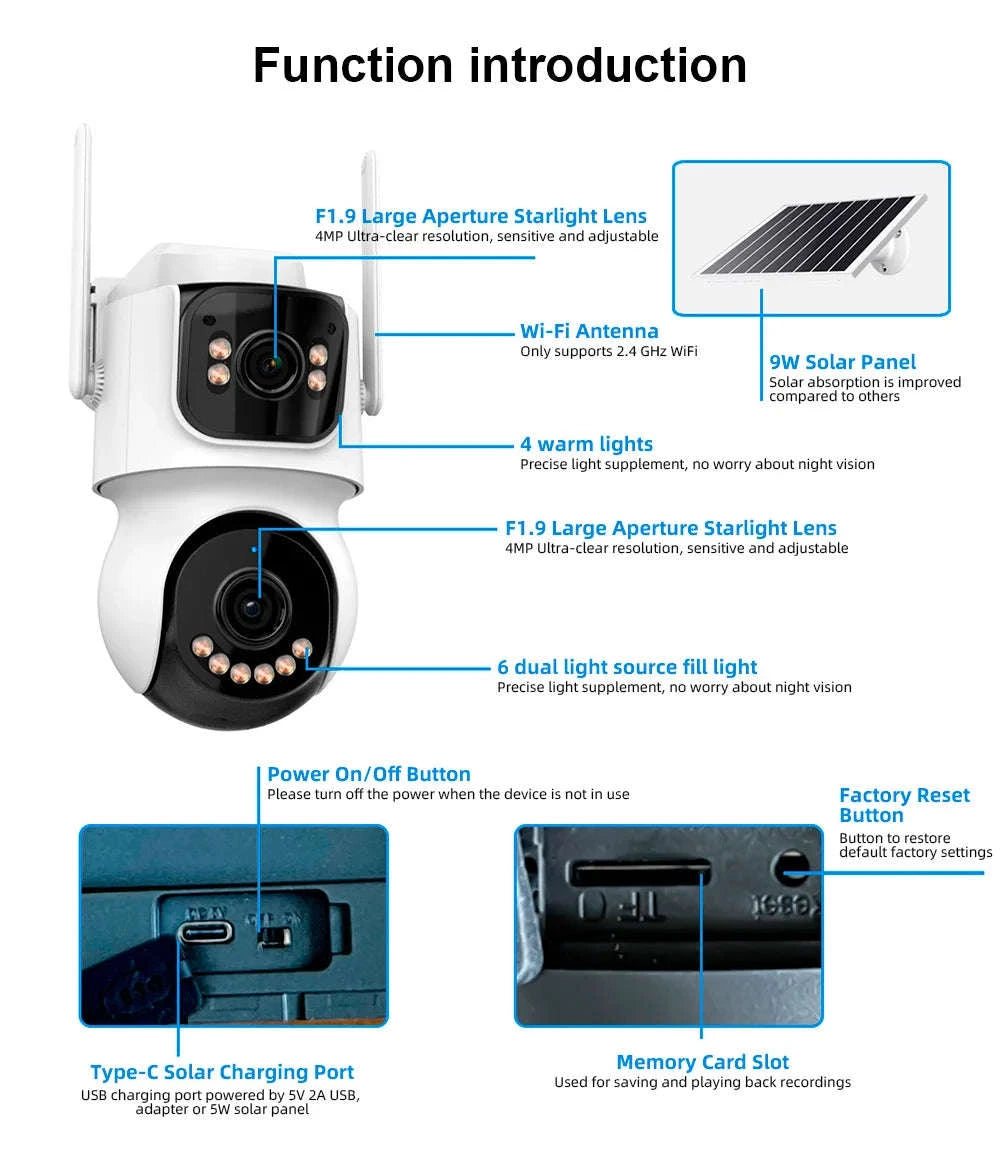 4G Solar Outdoor Dual-Lens Security Camera 4MP Auto Tracking-4G LTE Camera  64G