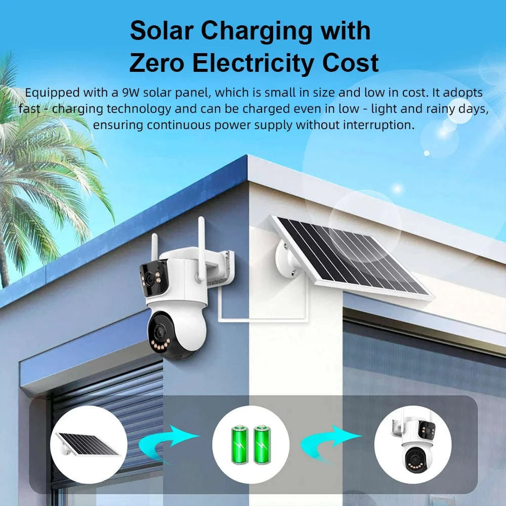 4G Solar Outdoor Dual-Lens Security Camera 4MP Auto Tracking-4G LTE Camera  64G