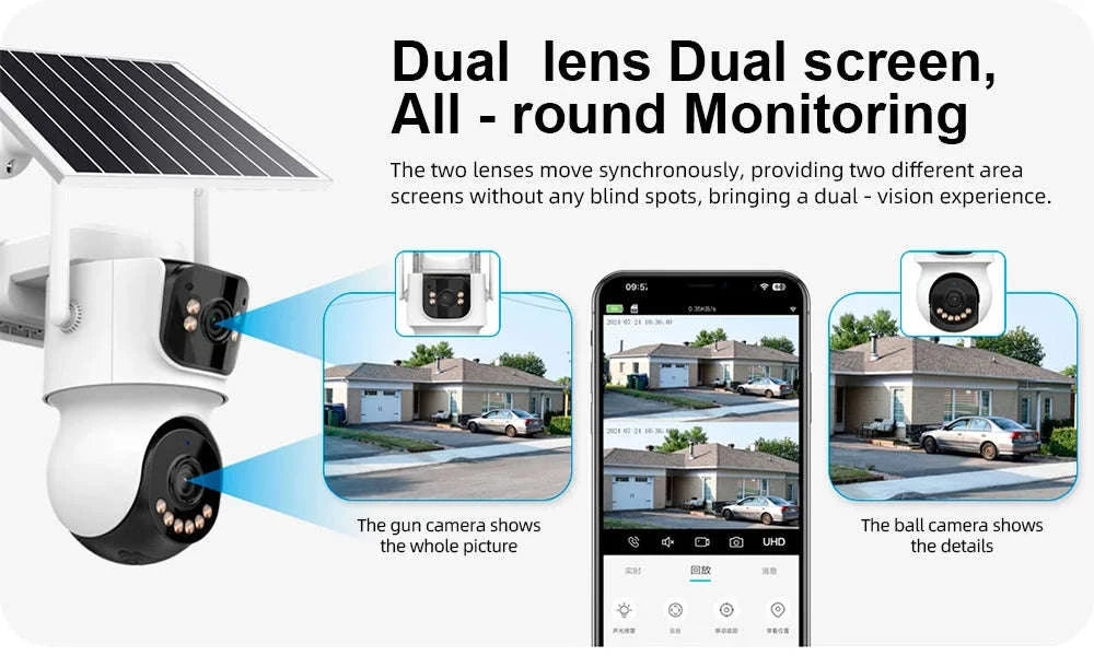 4G Solar Outdoor Dual-Lens Security Camera 4MP Auto Tracking-4G LTE Camera  64G