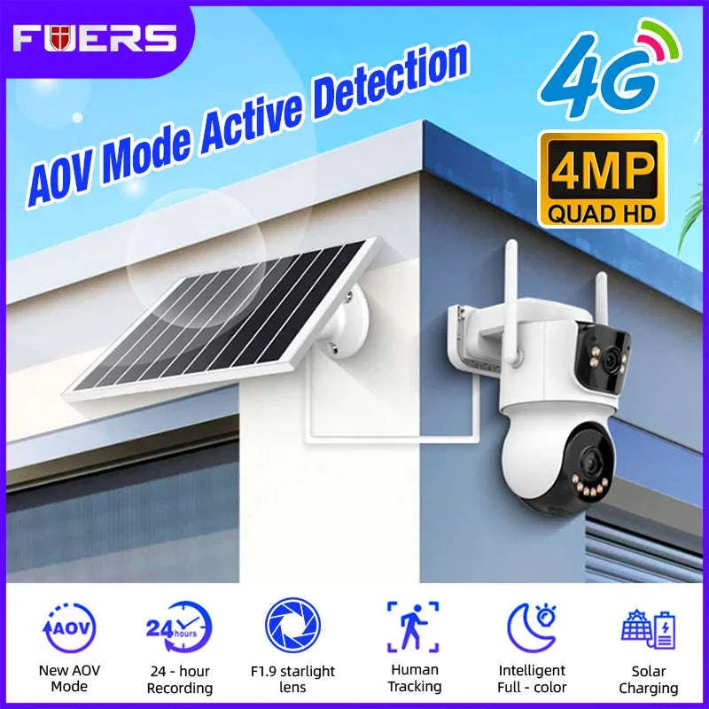 4G Solar Outdoor Dual-Lens Security Camera 4MP Auto Tracking-4G LTE Camera  64G