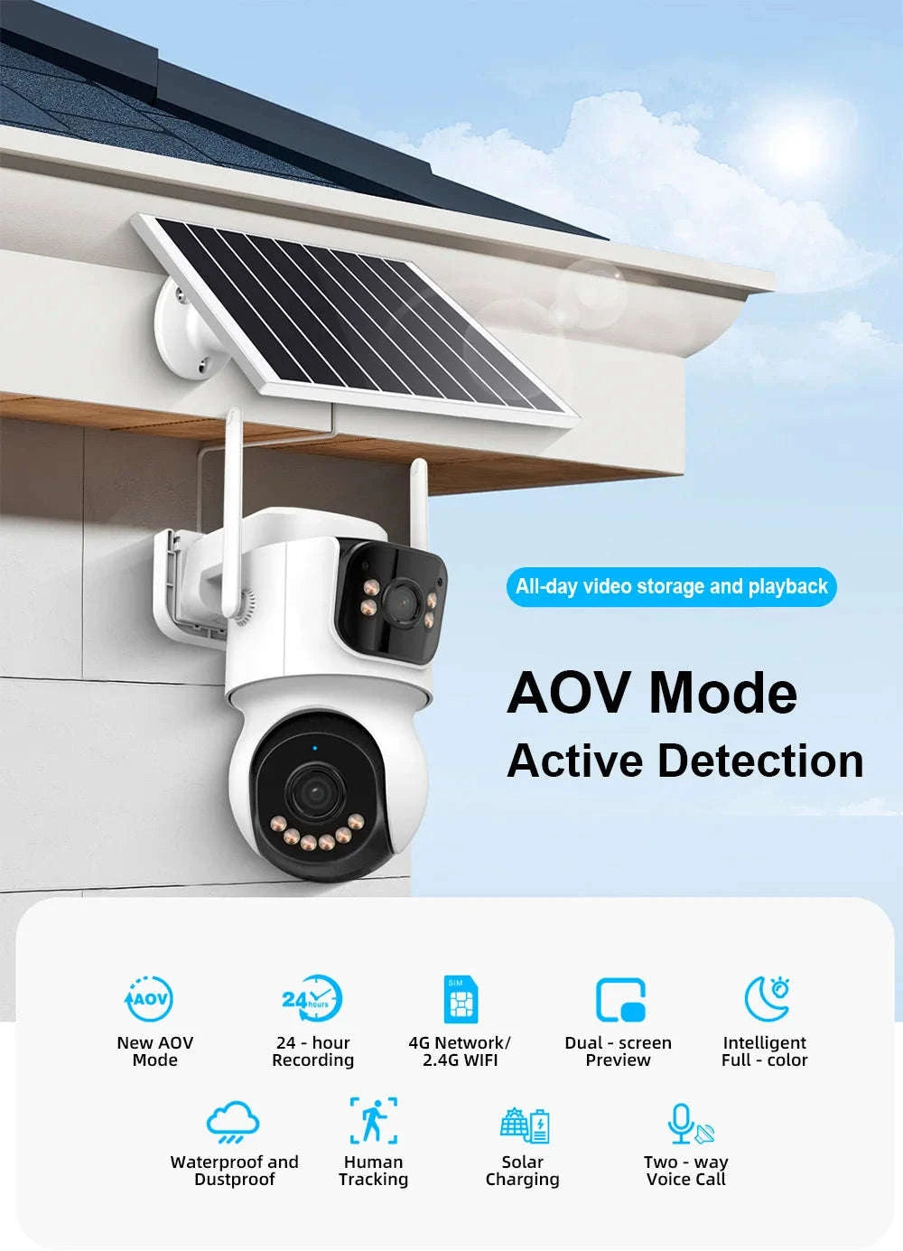 4G Solar Outdoor Dual-Lens Security Camera 4MP Auto Tracking-4G LTE Camera  64G