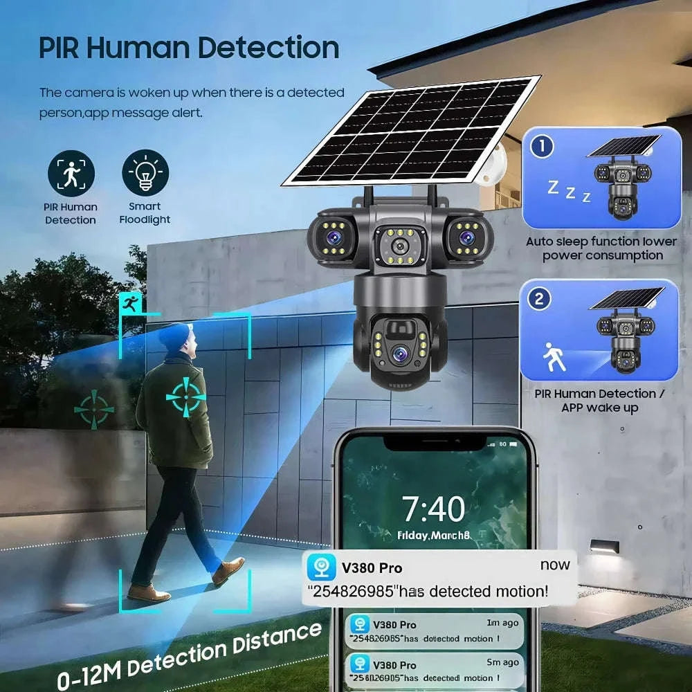 4G Solar Outdoor Security Camera with Triple Lens and PIR Detection-4G camera add 128GB / Poland