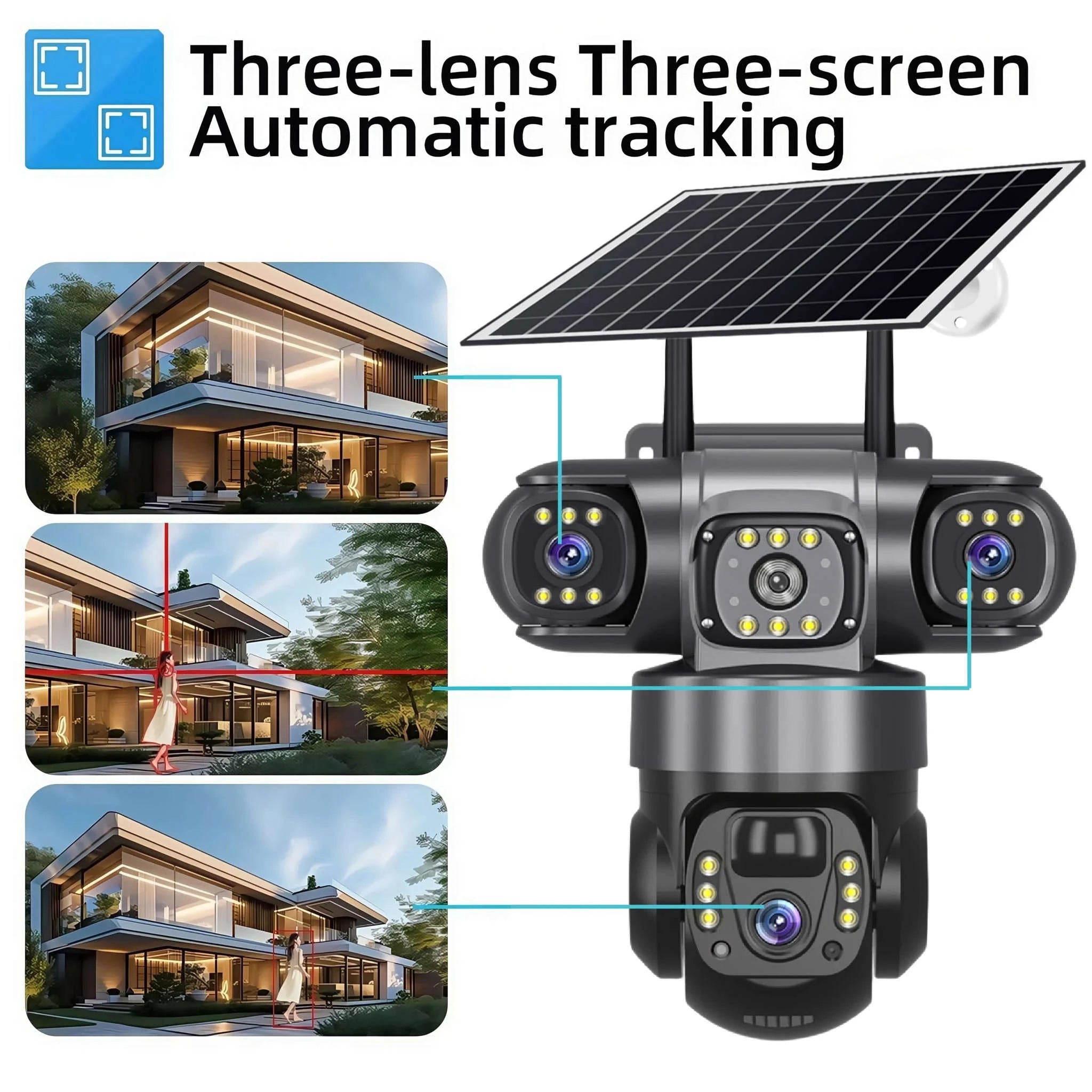 4G Solar Outdoor Security Camera with Triple Lens and PIR Detection-4G camera add 128GB / Poland