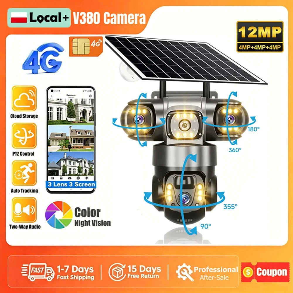 4G Solar Outdoor Security Camera with Triple Lens and PIR Detection-4G camera add 128GB / Poland