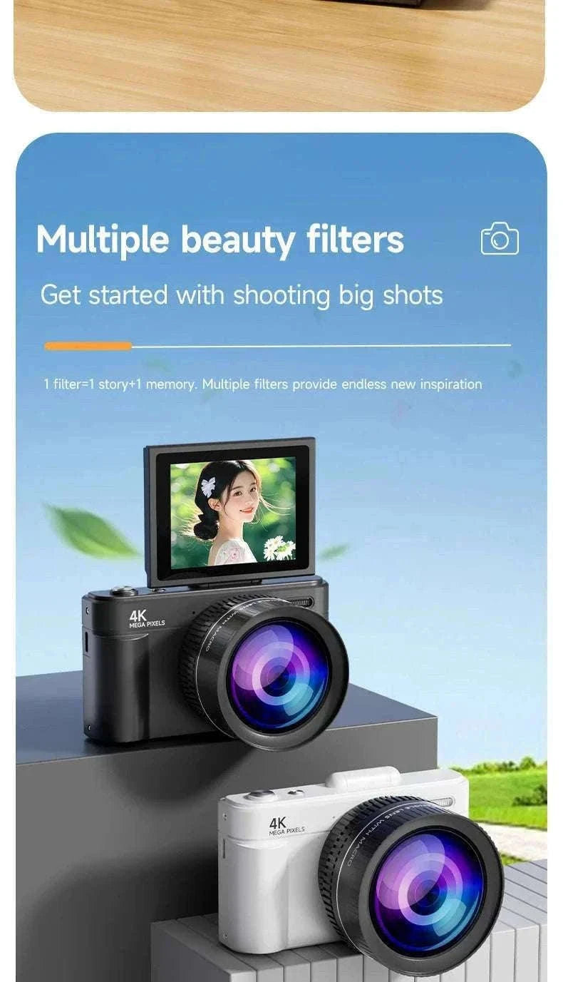 4K 64MP Retro Compact Digital Camera with 18X Zoom-Black large lens