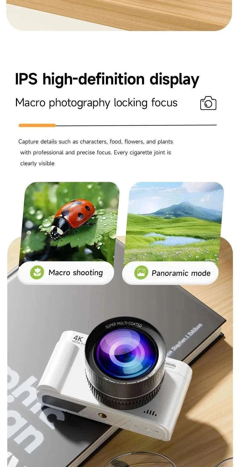4K 64MP Retro Compact Digital Camera with 18X Zoom-Black large lens