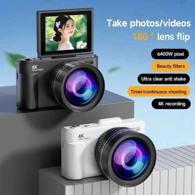 4K 64MP Retro Compact Digital Camera with 18X Zoom-Black large lens