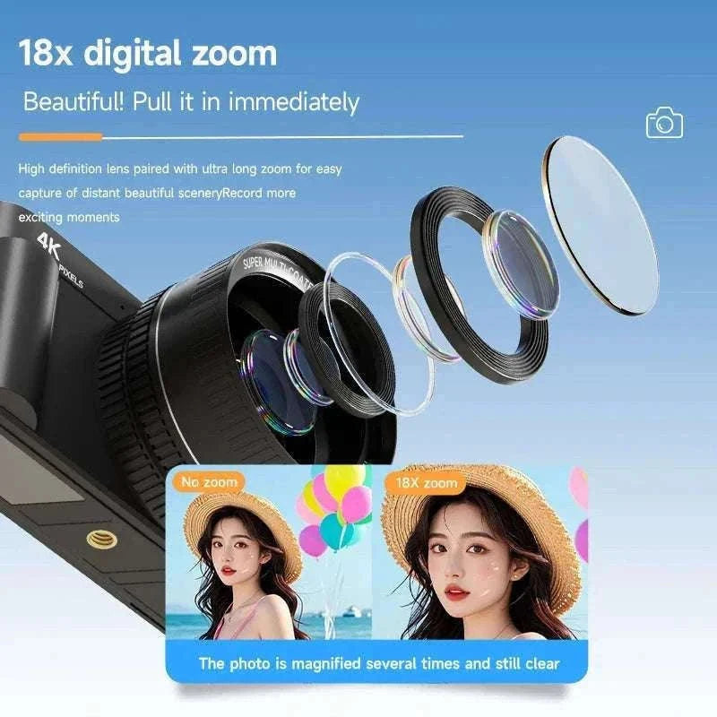 4K 64MP Retro Compact Digital Camera with 18X Zoom-Black large lens