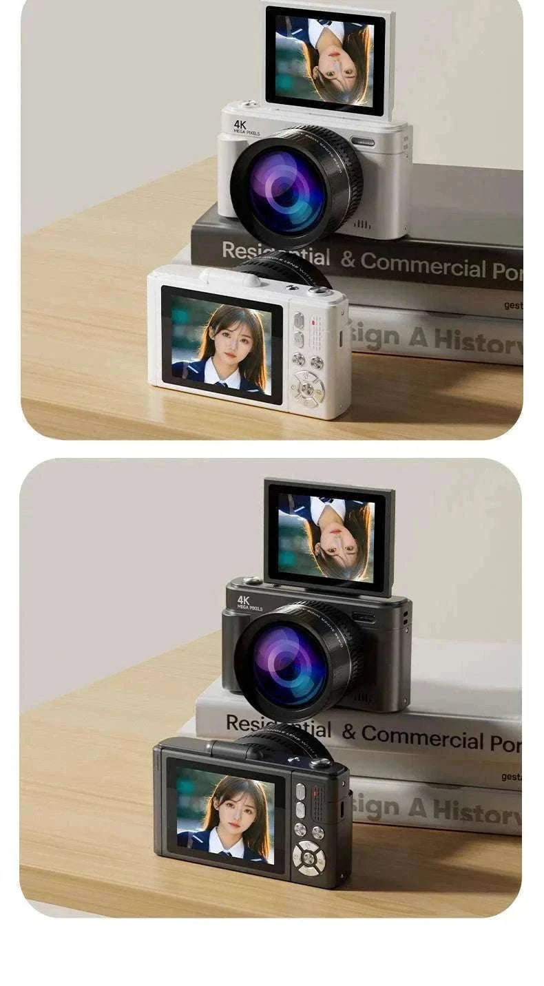 4K 64MP Retro Compact Digital Camera with 18X Zoom-Black large lens