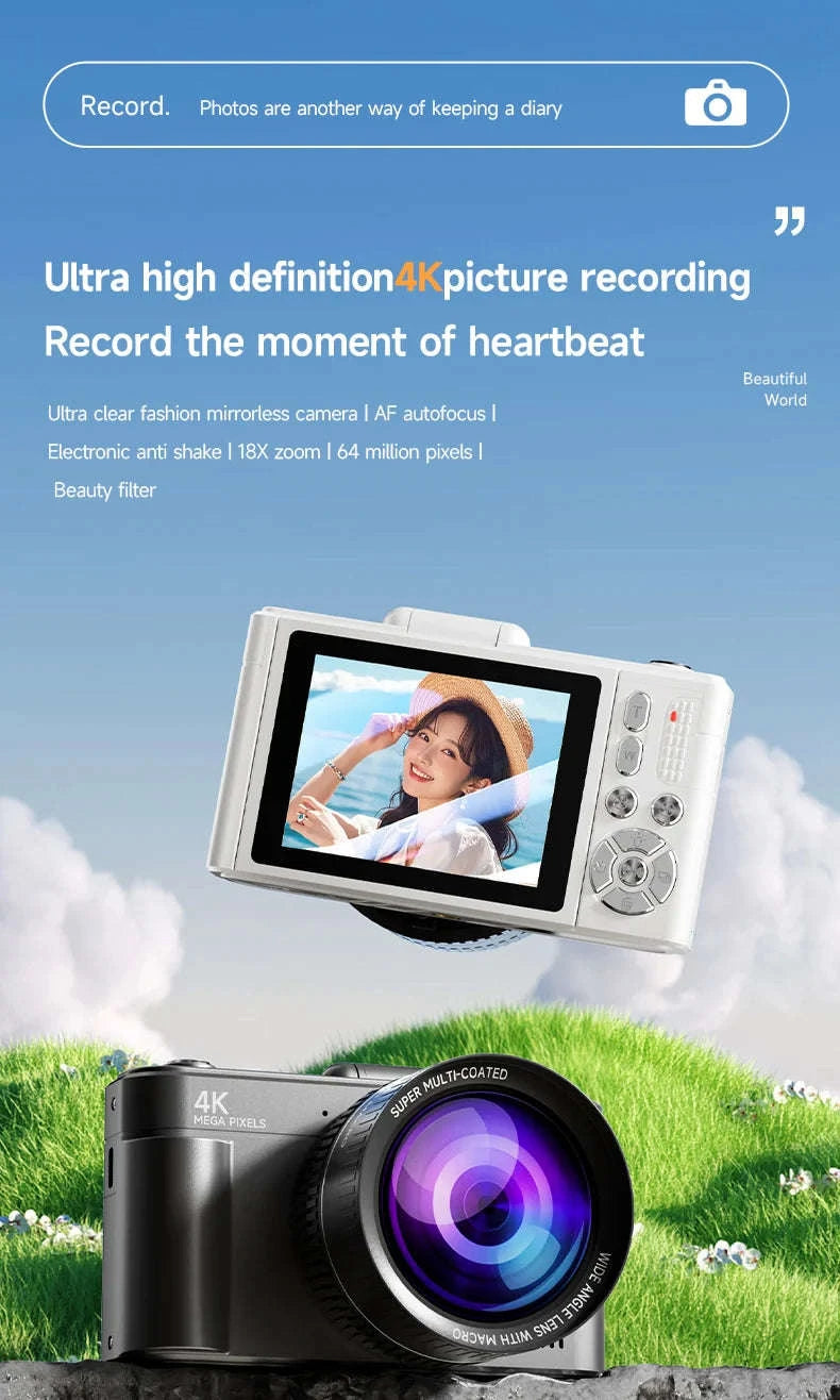 4K 64MP Retro Compact Digital Camera with 18X Zoom-White normal lens