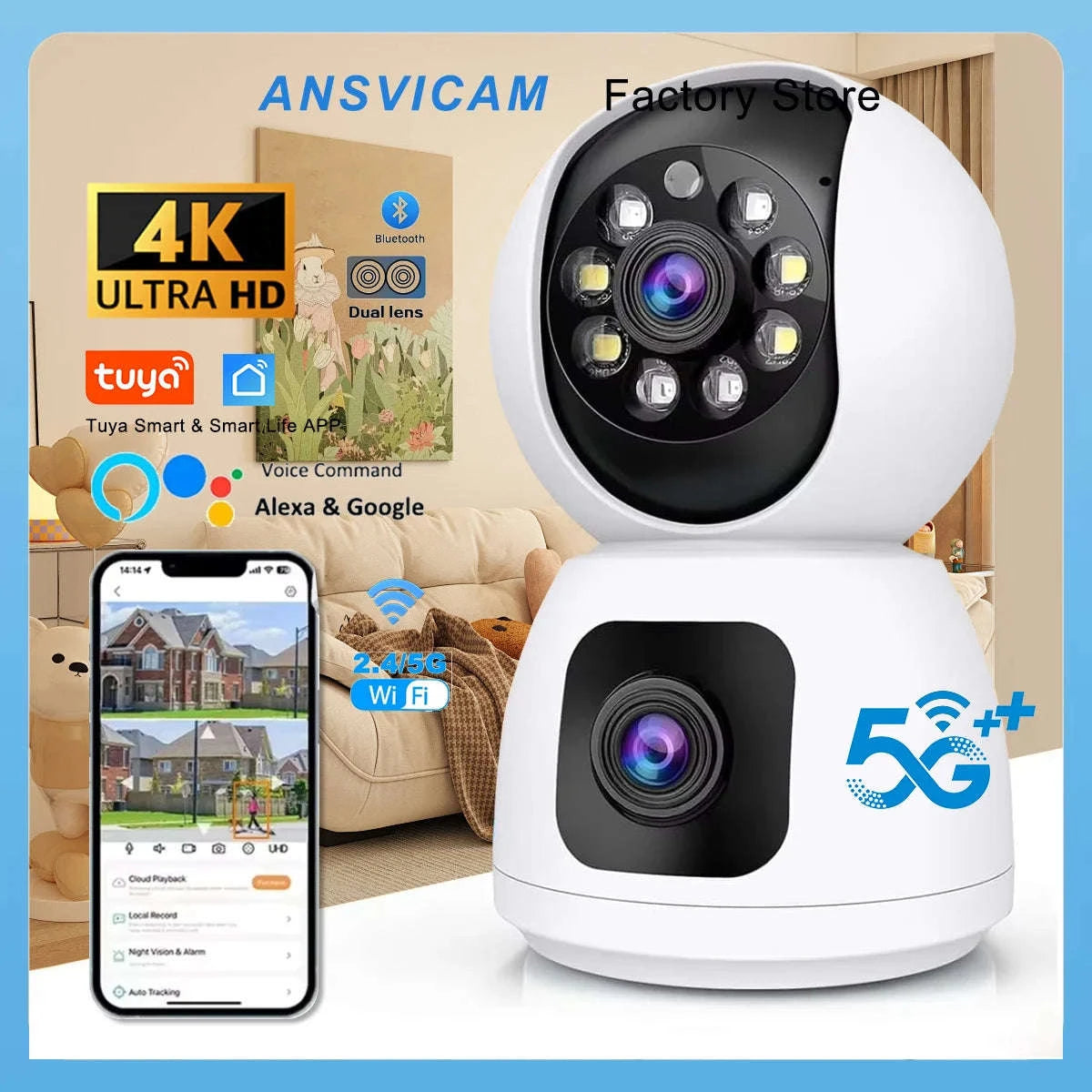 4K 8MP Dual-Lens PTZ Security Camera with Dual-Screen, AI Auto Tracking, Color Night Vision-4MP Cam No Card / UK Plug