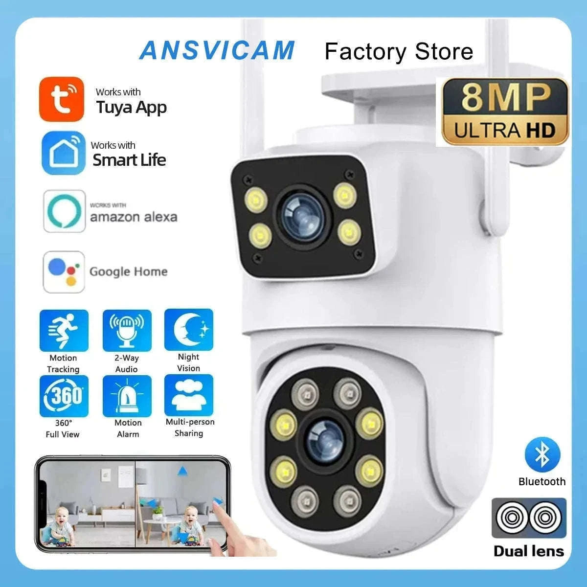 4K 8MP Dual Lens PTZ WiFi Security Camera with AI Auto Tracking-4MP No SD Card / UK Plug