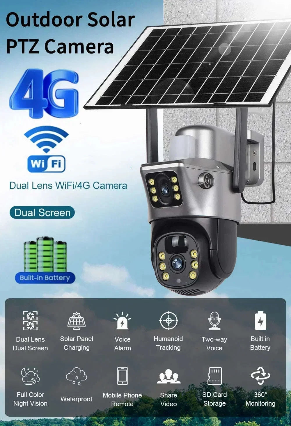 4K 8MP Dual Lens Solar Security Camera Outdoor WiFi 4G Waterproof Night Vision-Wifi No Card