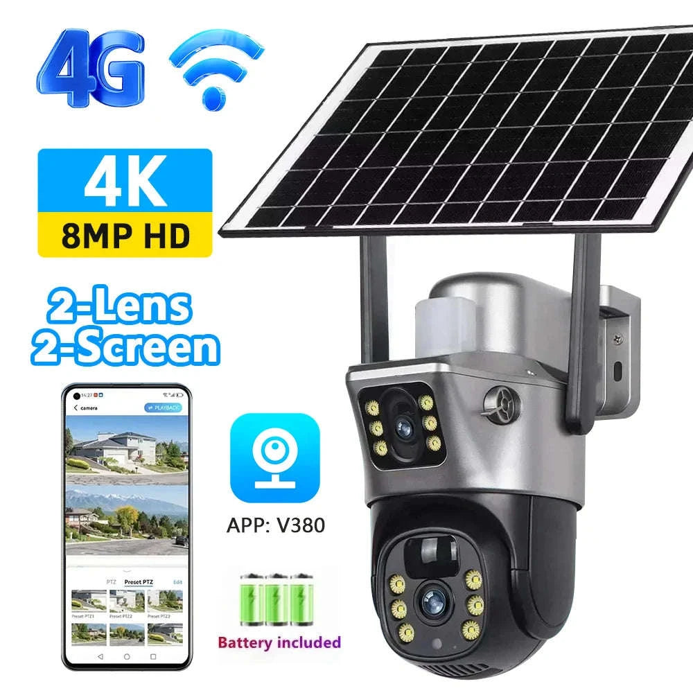 4K 8MP Dual Lens Solar Security Camera Outdoor WiFi 4G Waterproof Night Vision-Wifi No Card