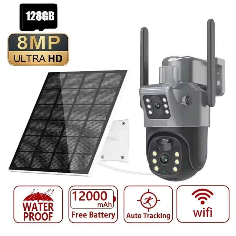4K 8MP Dual Screen Solar Camera Outdoor Wireless WiFi PTZ Dual Lens Security Protection Auto Tracking CCTV Cameras-WIFI Add 128G Card / Poland