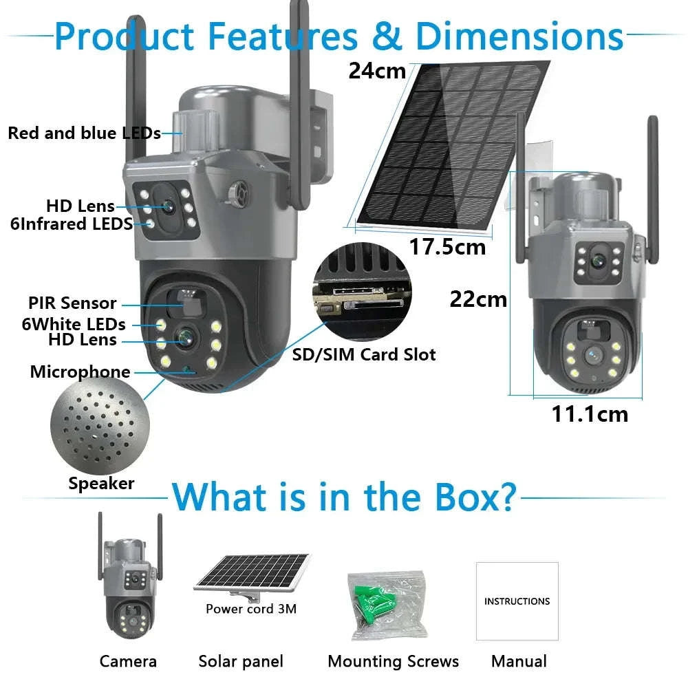 4K 8MP Dual Screen Solar Camera Outdoor Wireless WiFi PTZ Dual Lens Security Protection Auto Tracking CCTV Cameras-WIFI Add 128G Card / Poland