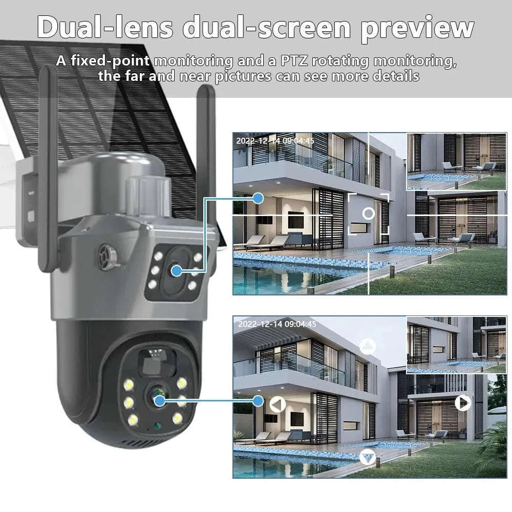 4K 8MP Dual Screen Solar Camera Outdoor Wireless WiFi PTZ Dual Lens Security Protection Auto Tracking CCTV Cameras-WIFI Add 128G Card / Poland