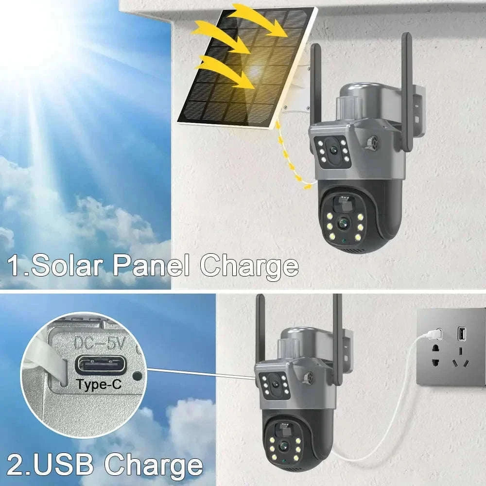 4K 8MP Dual Screen Solar Camera Outdoor Wireless WiFi PTZ Dual Lens Security Protection Auto Tracking CCTV Cameras-WIFI Add 128G Card / Poland