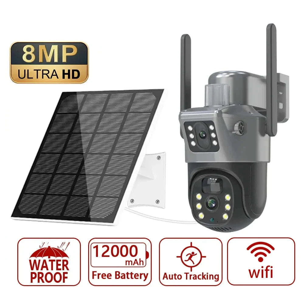 4K 8MP Dual Screen Solar Camera Outdoor Wireless WiFi PTZ Dual Lens Security Protection Auto Tracking CCTV Cameras-WIFI Add 128G Card / Poland