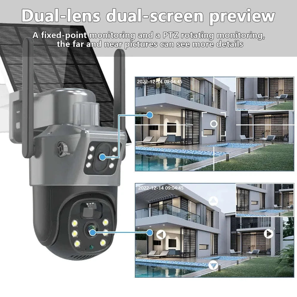 4K 8MP Dual Screen Solar Camera Outdoor Wireless WiFi PTZ Dual Lens Security Protection Auto Tracking CCTV Cameras-WIFI Add 128G Card / Poland