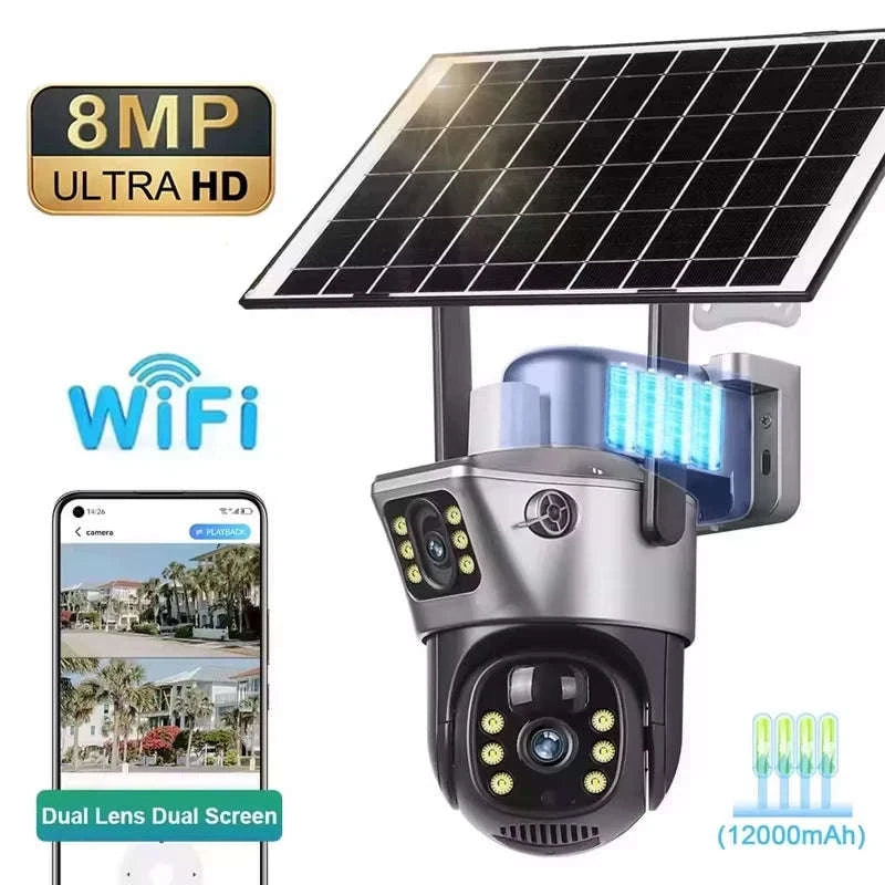 4K 8MP Dual Screen Solar Camera Outdoor Wireless WiFi PTZ Dual Lens Security Protection Auto Tracking CCTV Cameras-WIFI Add 128G Card / Poland