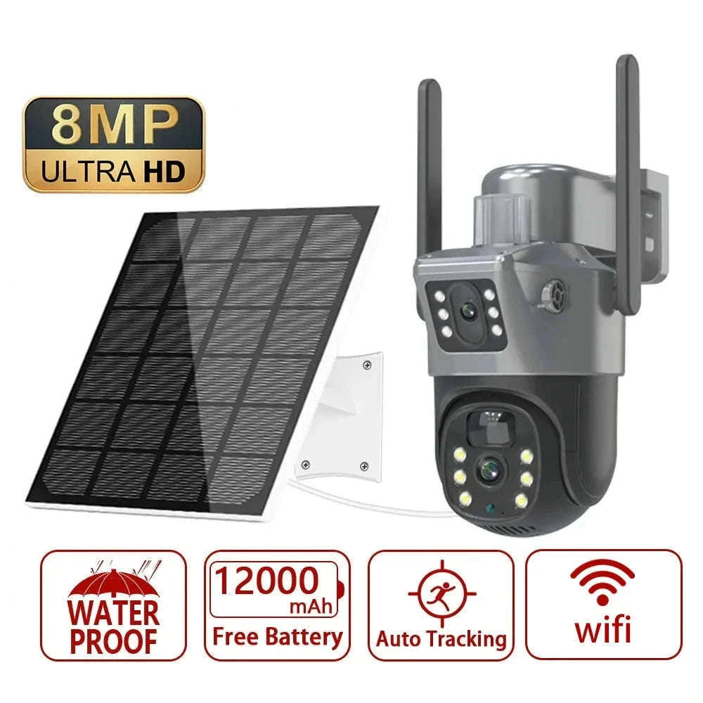 4K 8MP Dual Screen Solar Camera Outdoor Wireless WiFi PTZ Dual Lens Security Protection Auto Tracking CCTV Cameras-WIFI Add 128G Card / Poland