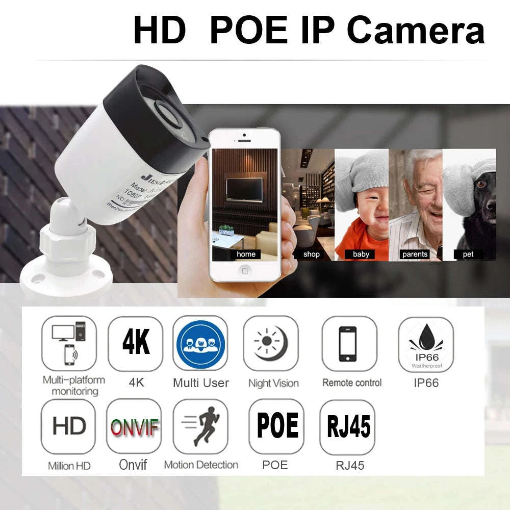 4K 8MP PoE Security Camera Outdoor IP66 Night Vision CCTV-5MP Camera DC 12V / 12mm