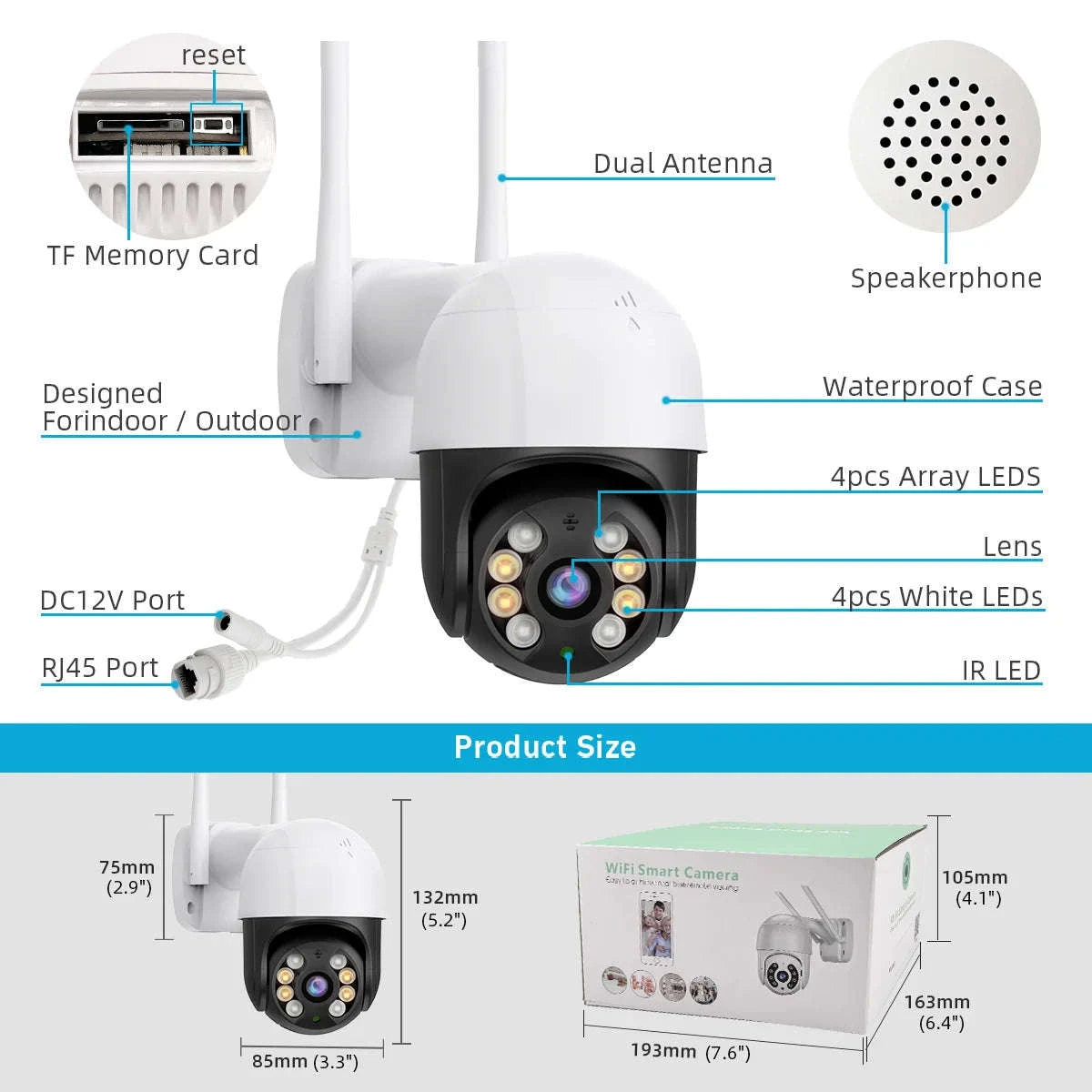4K 8MP PTZ WiFi IP Camera Outdoor 4X Digital Zoom AI Human Detection-8mp EU Plug with 64g / 4mm