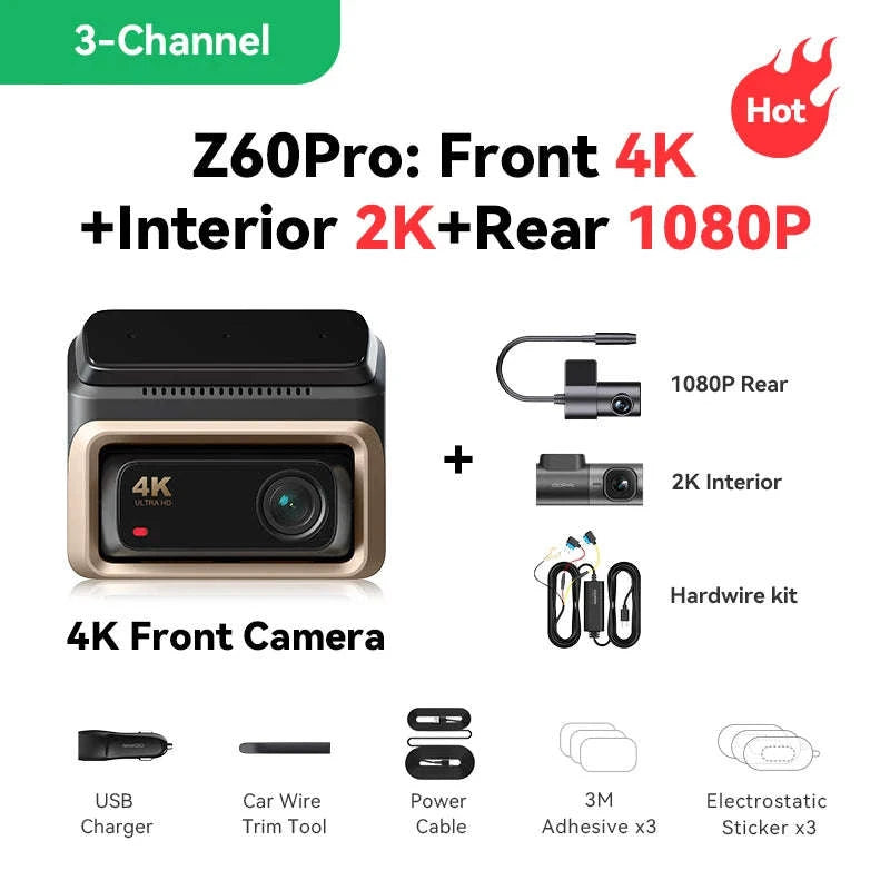 4K Dash Cam Front and Rear Interior Camera with HDR, 5GHz Wi‑Fi, GPS, ADAS, 4G Support-2-Channel / Poland / 256G SD Card