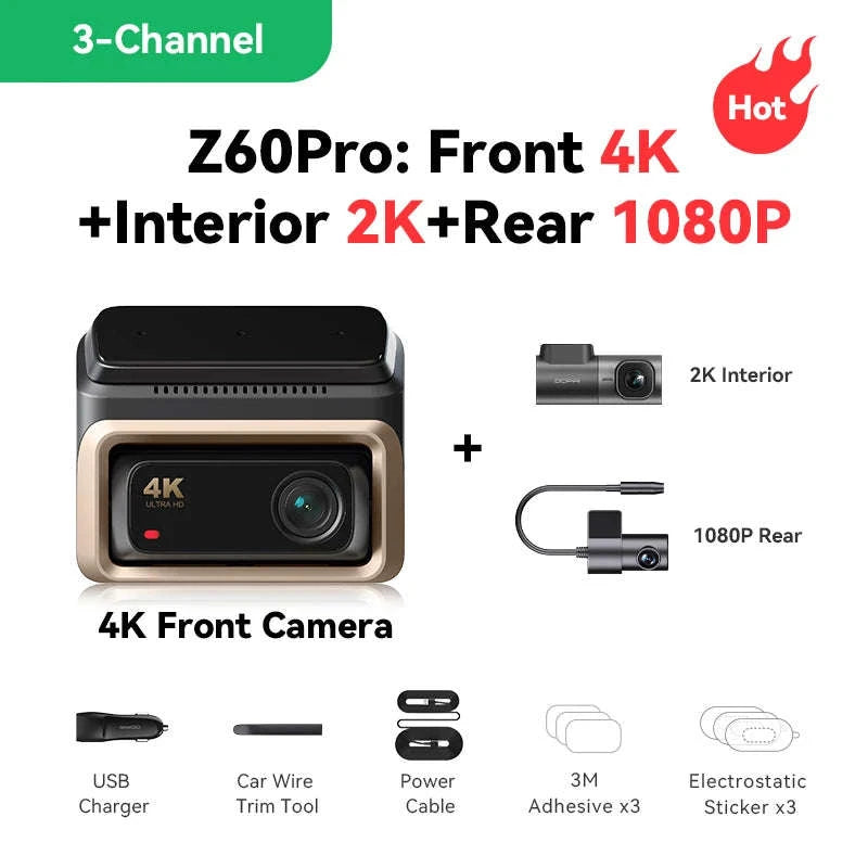 4K Dash Cam Front and Rear Interior Camera with HDR, 5GHz Wi‑Fi, GPS, ADAS, 4G Support-2-Channel / Poland / 256G SD Card