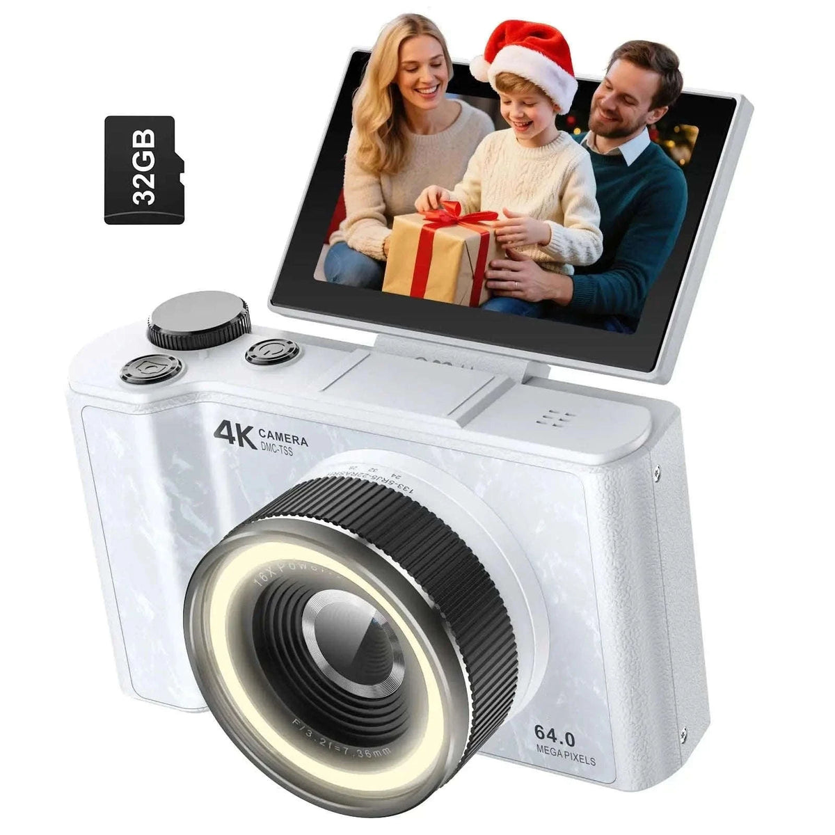 4K Digital Camera with Ring Light, Flip Screen for Vlogging-WHITE / United States