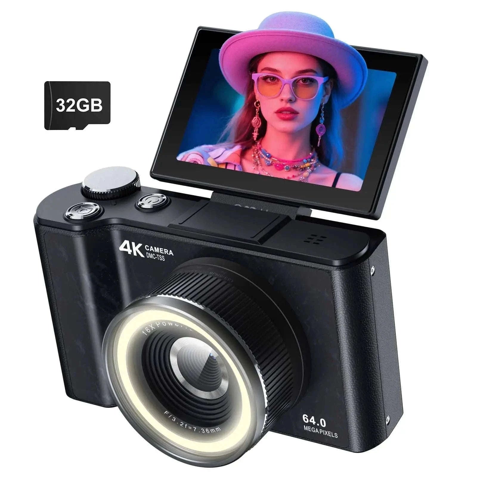 4K Digital Camera with Ring Light, Flip Screen for Vlogging-WHITE / United States