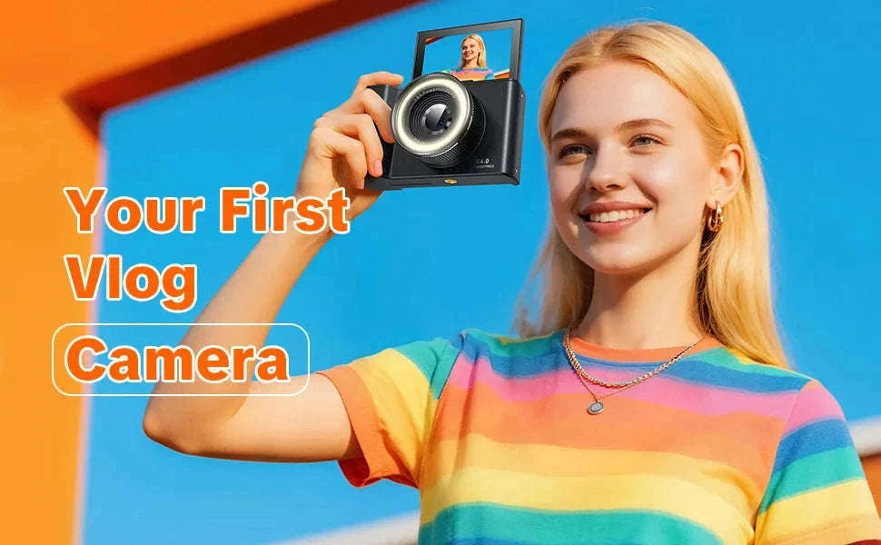 4K Digital Camera with Ring Light, Flip Screen for Vlogging-WHITE / United States