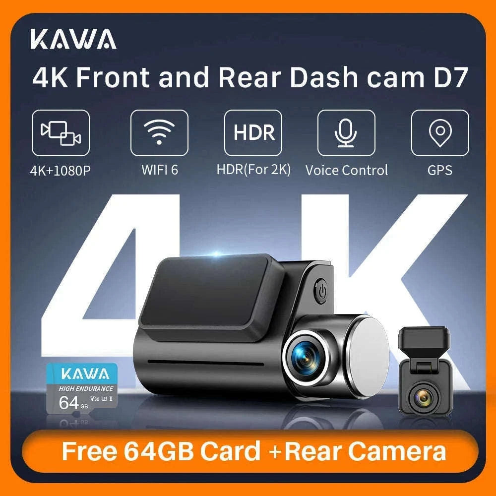 4K Dual Dash Cam with Front & Rear Camera, GPS, WiFi 6 and Voice Control-Front n Rear nTFcard / 64G