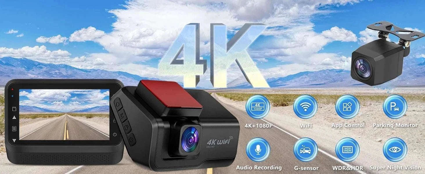 4K Front & Rear Dash Cam with WiFi, Night Vision & Parking Monitor-S8-6M RCC-BL / 32G