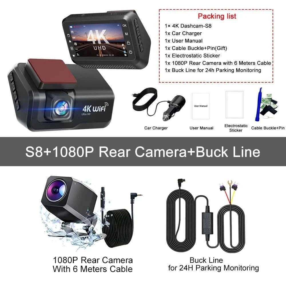 4K Front & Rear Dash Cam with WiFi, Night Vision & Parking Monitor-S8-6M RCC-BL / 32G