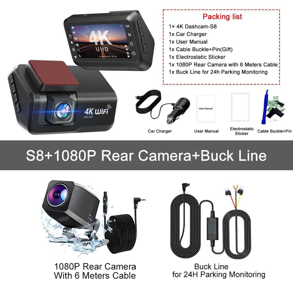 4K Front & Rear Dash Cam with WiFi, Night Vision & Parking Monitor-S8-6M RCC-BL / 32G