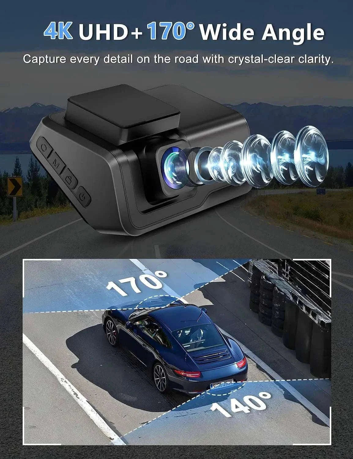 4K Front & Rear Dash Cam with WiFi, Night Vision & Parking Monitor-S8-6M RCC-BL / 32G