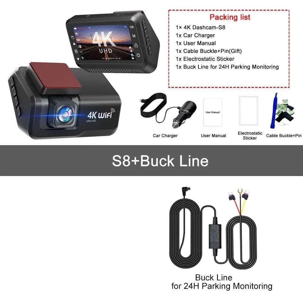 4K Front & Rear Dash Cam with WiFi, Night Vision & Parking Monitor-S8-6M RCC-BL / 32G