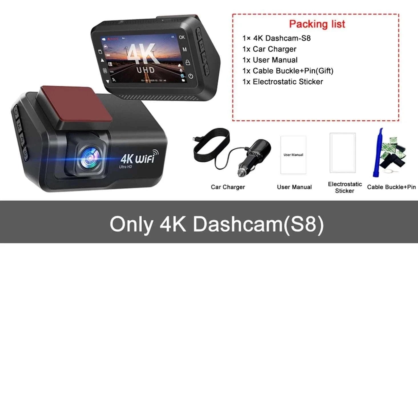 4K Front & Rear Dash Cam with WiFi, Night Vision & Parking Monitor-S8-6M RCC-BL / 32G