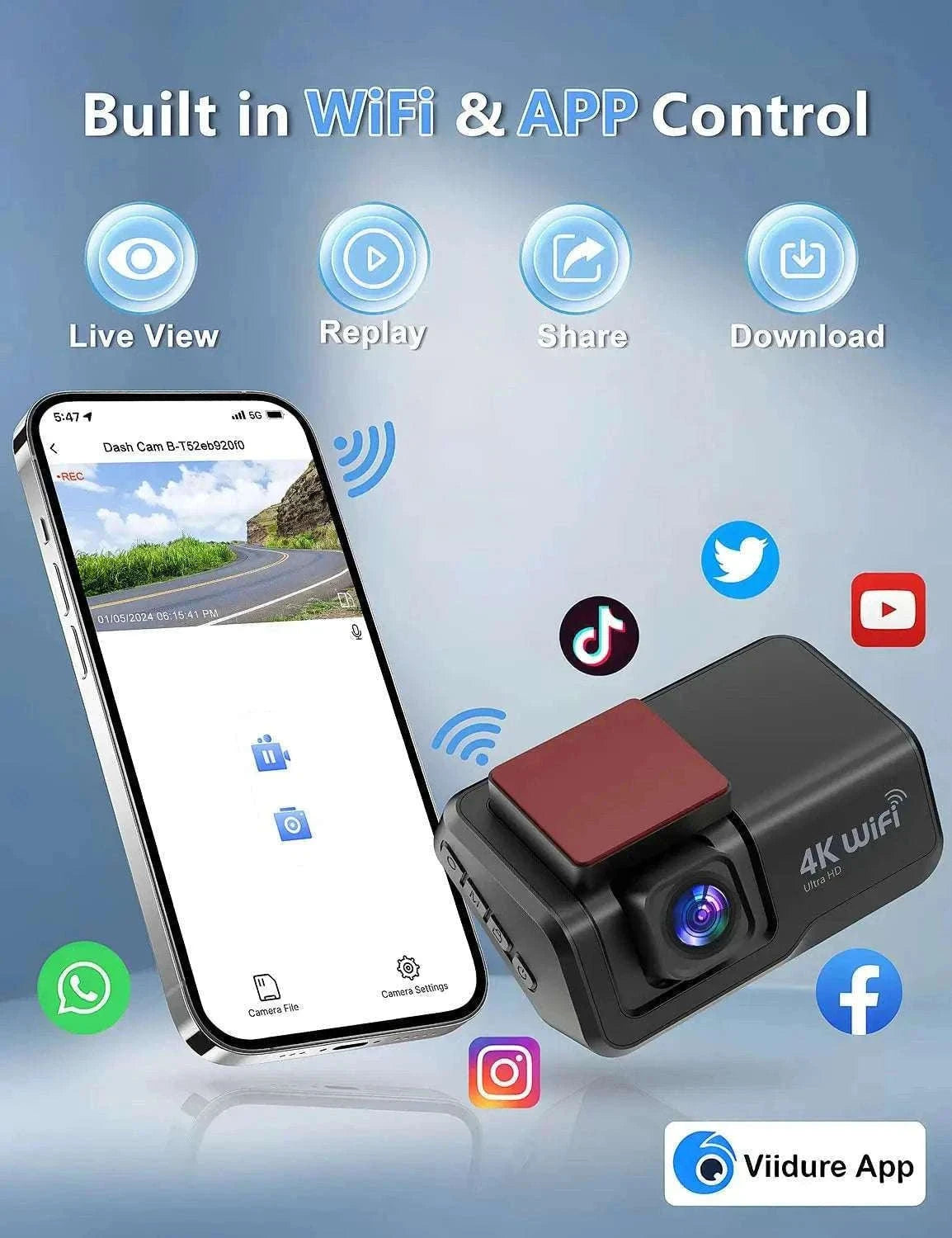 4K Front & Rear Dash Cam with WiFi, Night Vision & Parking Monitor-S8-6M RCC-BL / 32G