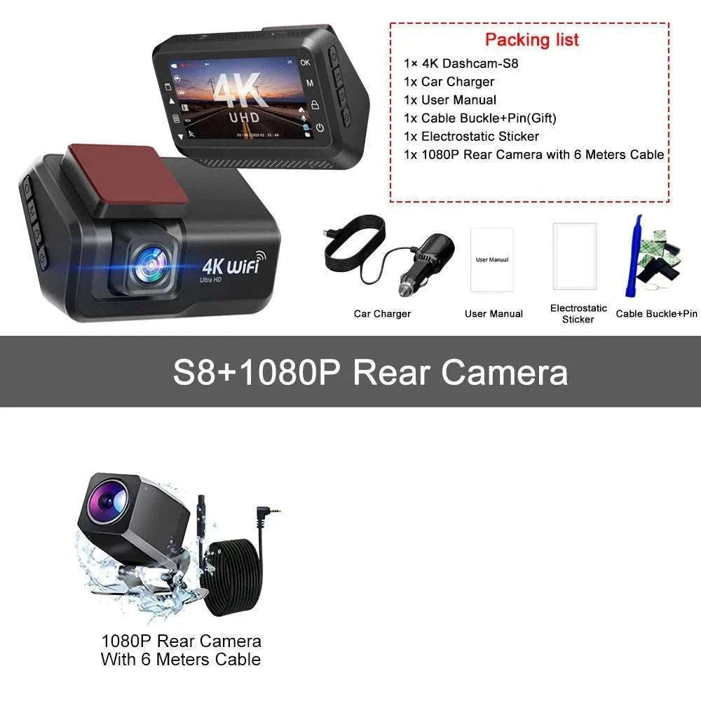 4K Front & Rear Dash Cam with WiFi, Night Vision & Parking Monitor-S8-6M RCC-BL / 32G