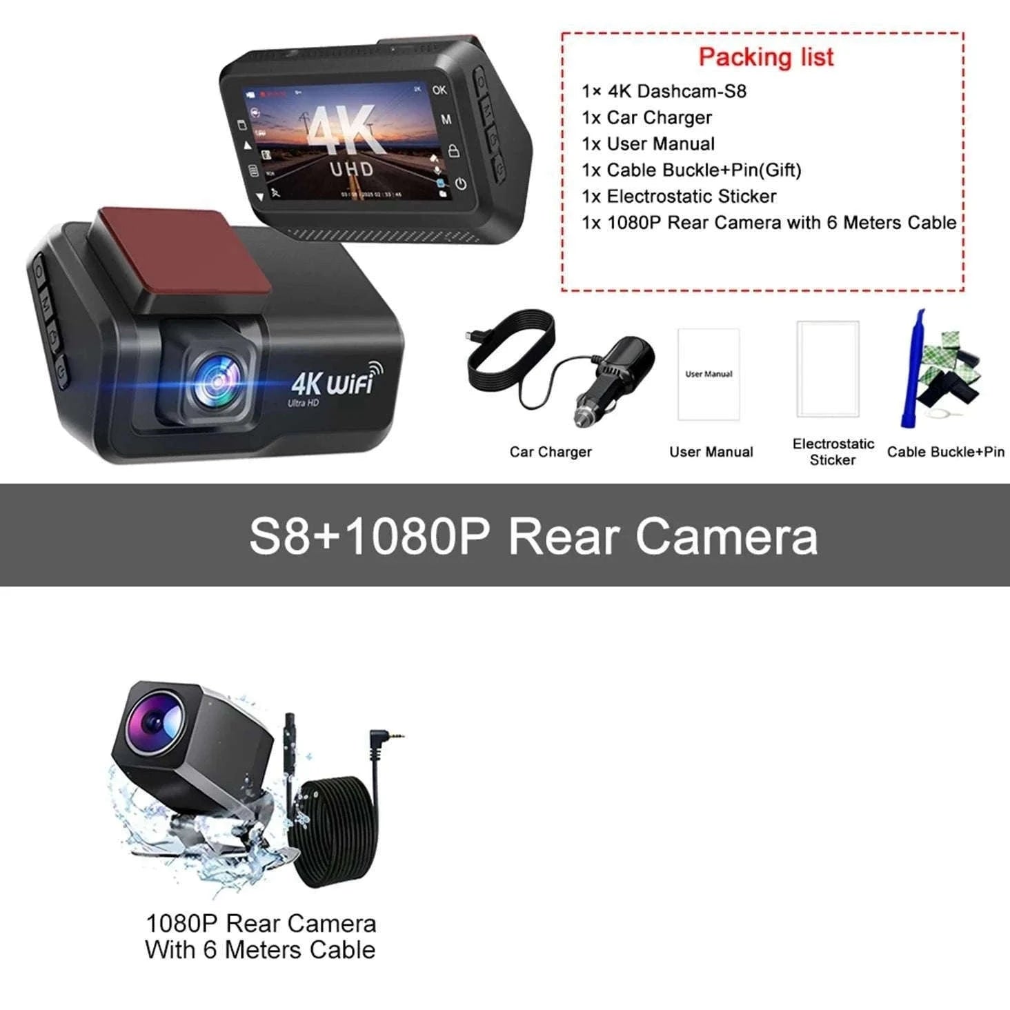 4K Front & Rear Dash Cam with WiFi, Night Vision & Parking Monitor-S8-6M RCC-BL / 32G