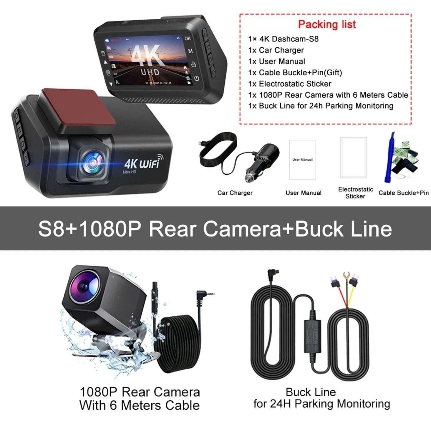 4K Front & Rear Dash Cam with WiFi, Night Vision & Parking Monitor-S8-6M RCC-BL / 32G