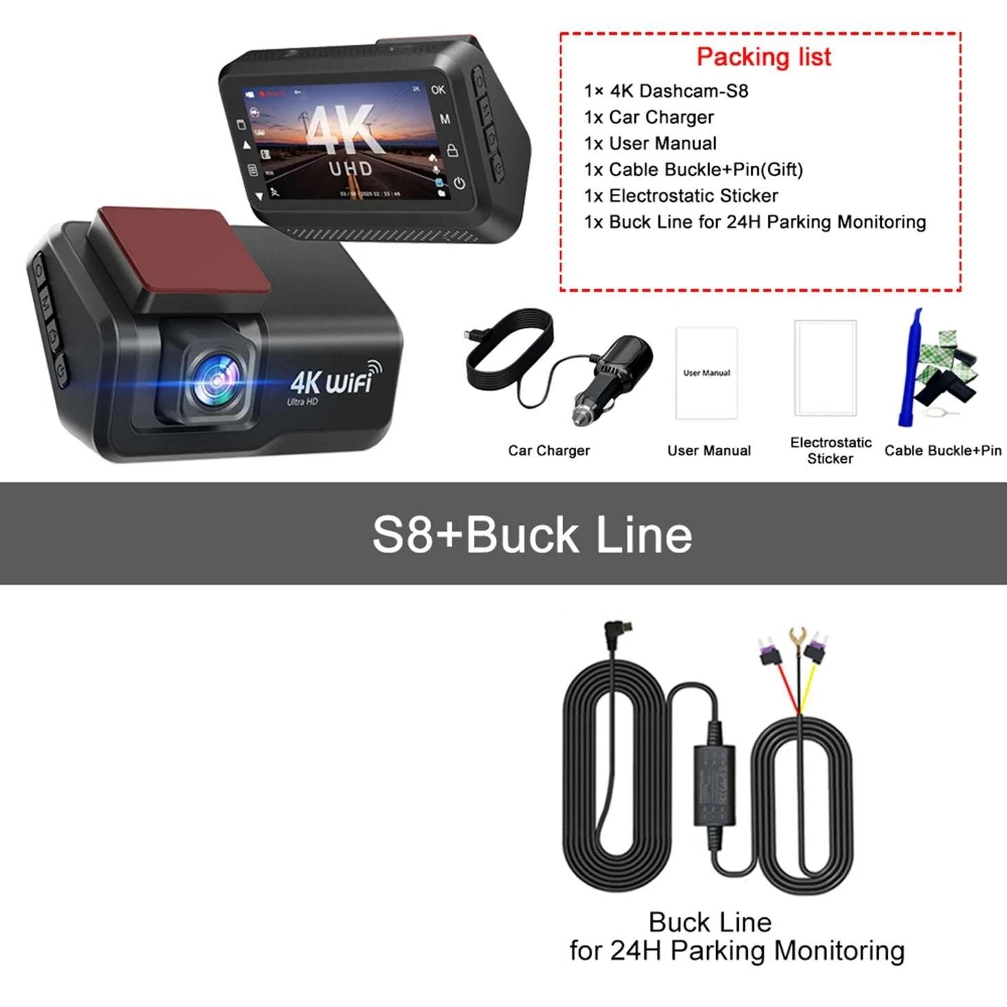 4K Front & Rear Dash Cam with WiFi, Night Vision & Parking Monitor-S8-6M RCC-BL / 32G