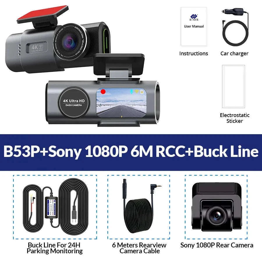 4K GPS Dash Cam with Wi‑Fi, Night Vision and Rear Camera Support-B53P-15M RCC-BL / 128G